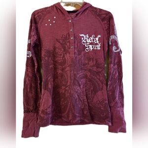 Vintage Rebel Spirit Hood Tshirt Burgundy Rhinestones Y2K Emo Rocker Size Large